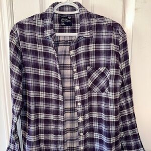 American Eagle Boyfriend Fit Top Medium Purple Plaid Long Sleeve Button Up Gauzy